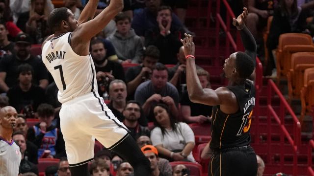 Brooklyn Nets forward Kevin Durant and Miami Heat forward Bam Adebayo