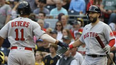 Boston Red Sox third baseman Rafael Devers and first baseman Eric Hosmer