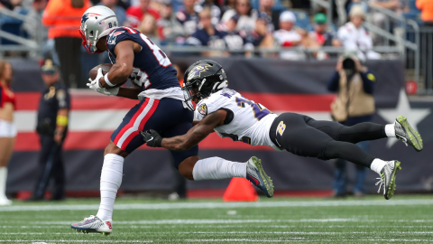 New England Patriots wide receiver Kendrick Bourne and Baltimore Ravens cornerback Damarion Williams