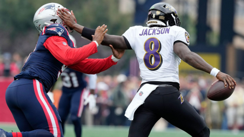 New England Patriots linebacker Matthew Judon and Baltimore Ravens quarterback Lamar Jackson