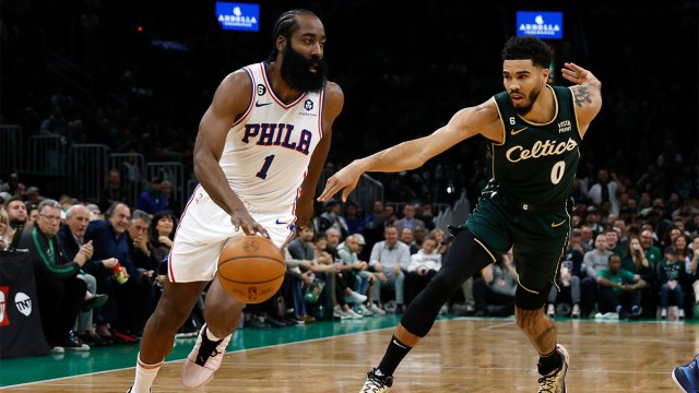 Boston Celtics forward Jayson Tatum and Philadelphia 76ers guard James Harden