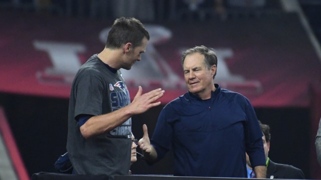 New England Patriots head coach Bill Belichick, Tampa Bay Buccaneers quarterback Tom Brady
