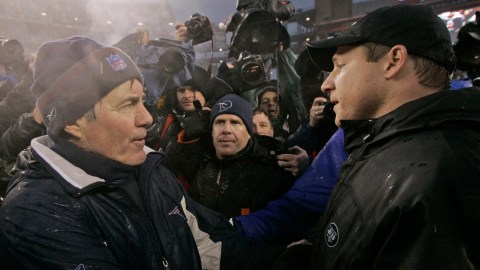 New England Patriots head coach Bill Belichick and former New York Jets head coach Eric Mangini