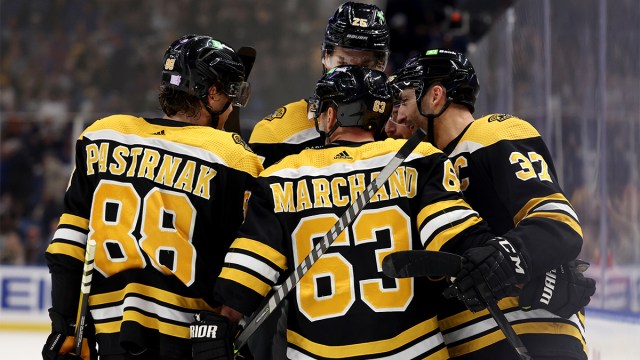 Boston Bruins forward Brad Marchand, David Pastrnak, Patrice Bergeron