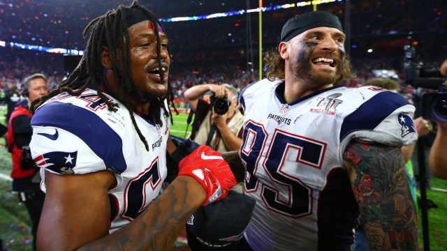 Former New England Patriots linebackers Dont'a Hightower, Chris Long