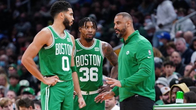 Brooklyn Nets coach Ime Udoka and Boston Celtics forward Jayson Tatum and guard Marcus Smart