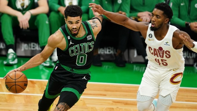 Boston Celtics forward Jayson Tatum and Cleveland Cavaliers guard Donovan Mitchell
