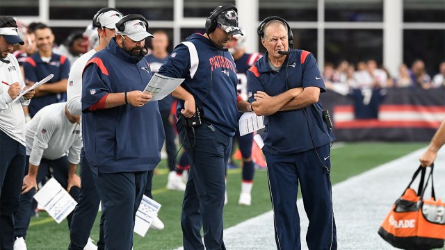 New England Patriots coaches Matt Patricia, Bill Belichick, and Joe Judge