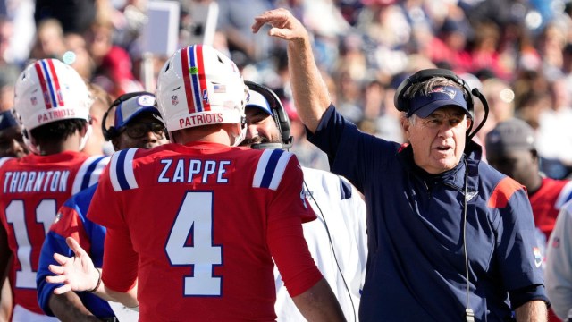 New England Patriots head coach Bill Belichick, quarterback Bailey Zappe