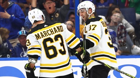 Boston Bruins center Patrice Begeron, left wing Brad Marchand