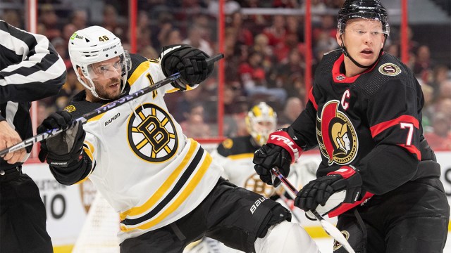 Bruins forward David Krejci and Ottawa Senators forward Brady Tkachuck