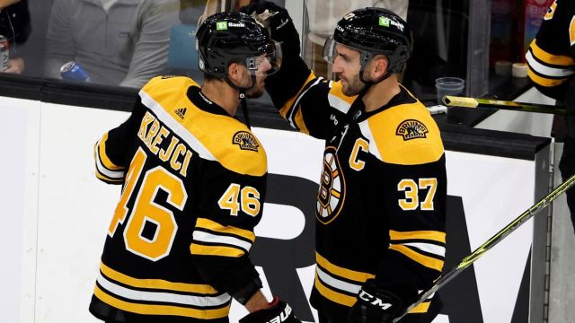 Boston Bruins teammates David Krejci and Patrice Bergeron