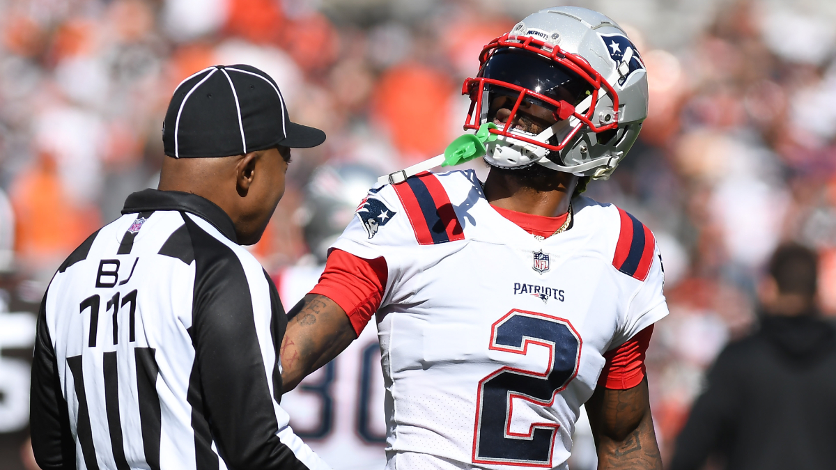 New England Patriots cornerback Jalen Mills reacts before a