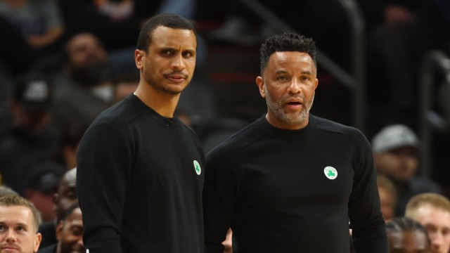 Boston Celtics interim coach Joe Mazzulla and assistant coach Damon Stoudamire
