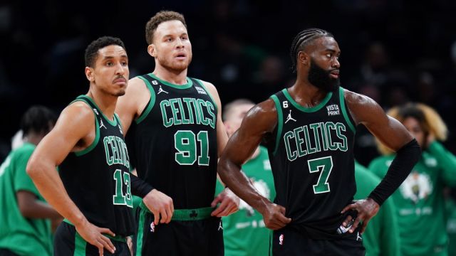 Boston Celtics teammates Malcolm Brogdon, Blake Griffin, Jaylen Brown