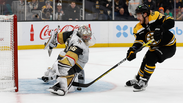 Bruins Forward David Pastrnak Shot Blocked By Vegas Goalie