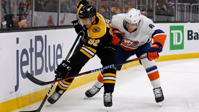 Boston Bruins forward Tomas Nosek and New York Islanders defenseman Ryan Pulock