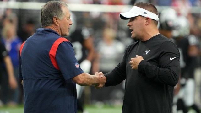 New England Patriots head coach Bill Belichick and Las Vegas Raiders head coach Josh McDaniels