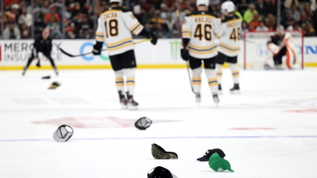 Boston Bruins celebrate right wing David Pastrnak's hat trick