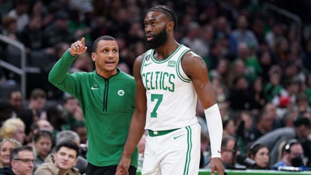 Boston Celtics guard Jaylen Brown and interim head coach Joe Mazzulla