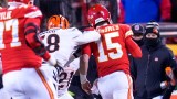 Cincinnati Bengals linebacker Joseph Ossai and Kansas City Chiefs quarterback Patrick Mahomes
