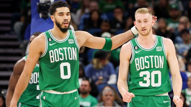 Boston Celtics forwards Jayson Tatum, Sam Hauser