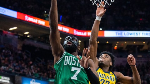 Boston Celtics guard Jaylen Brown and Indian Pacers forward Aaron Nesmith