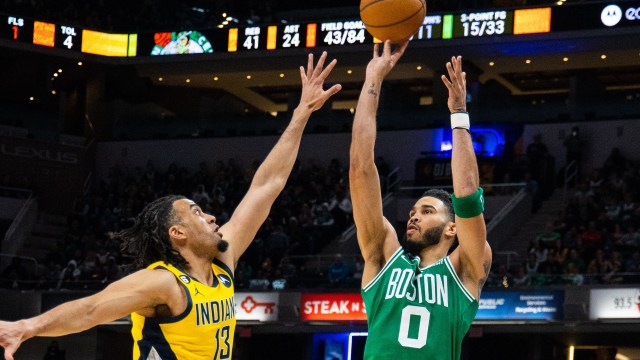 Boston Celtics forward Jayson Tatum and Indiana Pacers forward Jordan Nwora