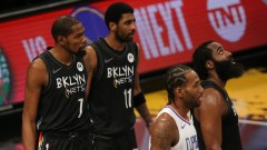Former Brooklyn Nets' Kevin Durant, Kyrie Irving, James Harden