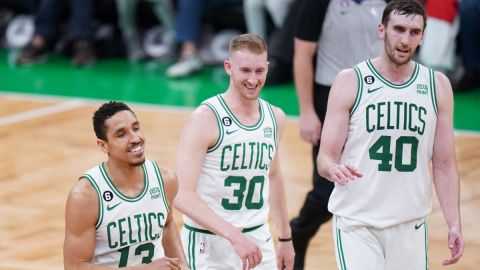 Boston Celtics teammates Malcolm Brogdon, Luke Kornet, and Sam Hauser