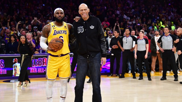 Los Angeles Lakers forward LeBron James, NBA Hall of Famer Kareem Abdul-Jabbar