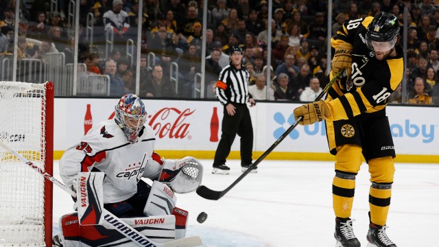 Boston Bruins center Pavel Zacha, Washington Capitals goaltender Darcy Kuemper