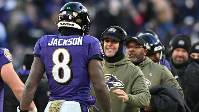 Baltimore Ravens head coach John Harbaugh, quarterback Lamar Jackson