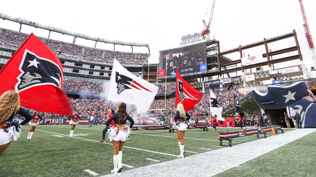 New England Patriots flags flying at Gillette Stadium