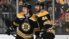Boston Bruins left wing Tyler Bertuzzi and forward David Krejci