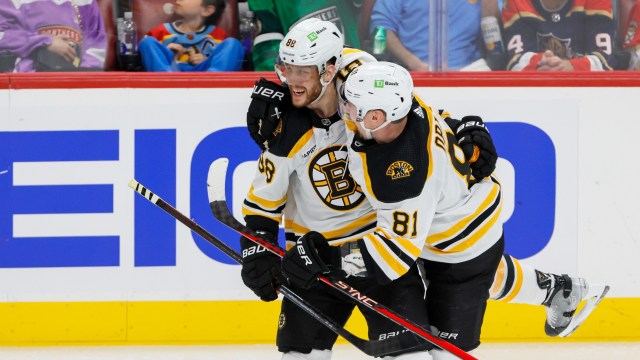 Boston Bruins forward David Pastrnak and defenseman Dmitry Orlov