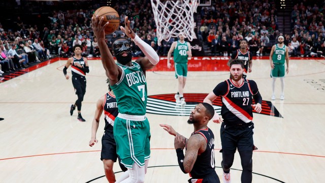 Boston Celtics guard Jaylen Brown, Portland Trail Blazers guard Damian Lillard
