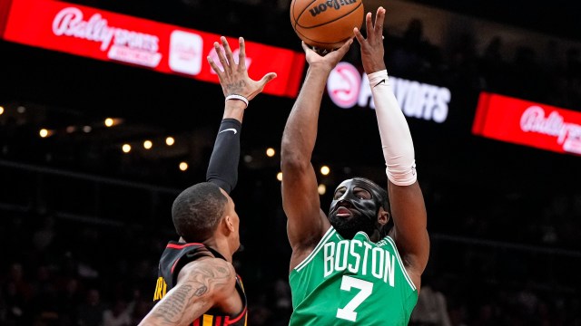 Boston Celtics guard Jaylen Brown and Atlanta Hawks guard Dejounte Murray