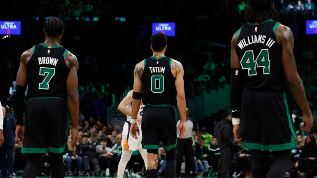 Boston Celtics guard Jaylen Brown and forwards Jayson Tatum and Robert Williams III