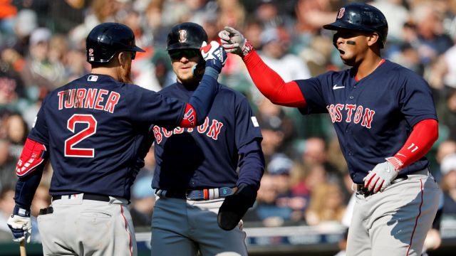 Boston Red Sox designated hitter Justin Turner and third baseman Rafael Devers