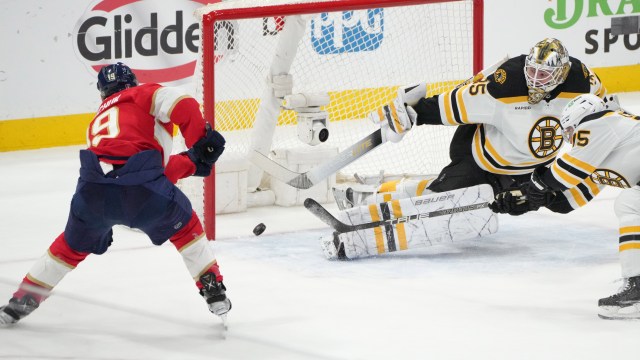 Boston Bruins goaltender Linus Ullmark and Florida Panthers forward Matthew Tkachuk