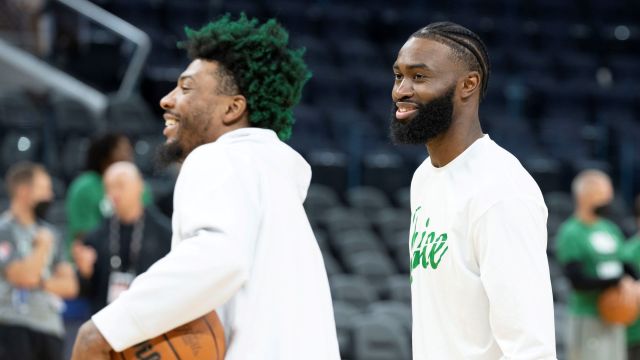 Boston Celtics teammates Marcus Smart and Jaylen Brown