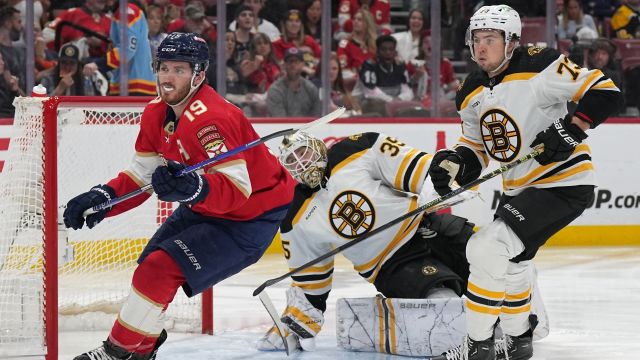 Florida Panthers right wing Matthew Tkachuk and Boston Bruins defenseman Charlie McAvoy