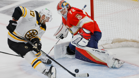 Boston Bruins forward Nick Foligno and Florida Panthers goalie Sergei Bobrovsky