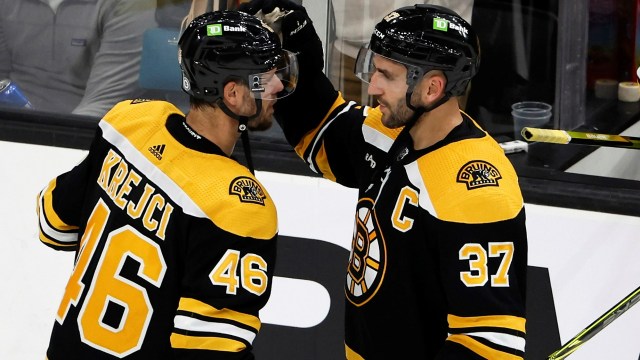 Boston Bruins centers Patrice Bergeron and David Krejci