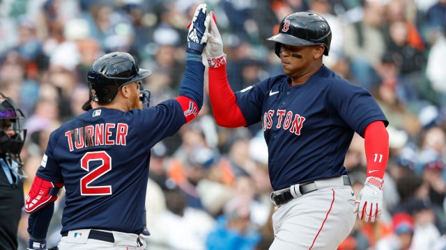Boston Red Sox infielders Rafael Devers and Justin Turner