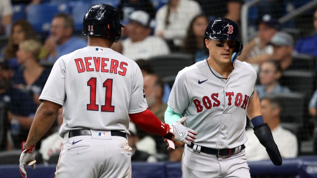 Boston Red Sox third baseman Rafael Devers and shortstop Kiké Hernández
