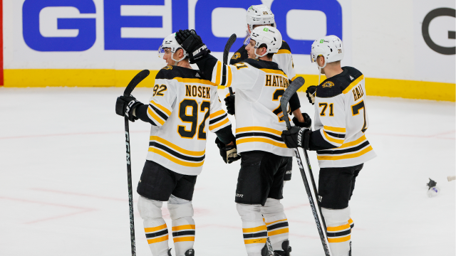 Boston Bruins forwards Tomas Nosek, Garnet Hathaway and Taylor Hall