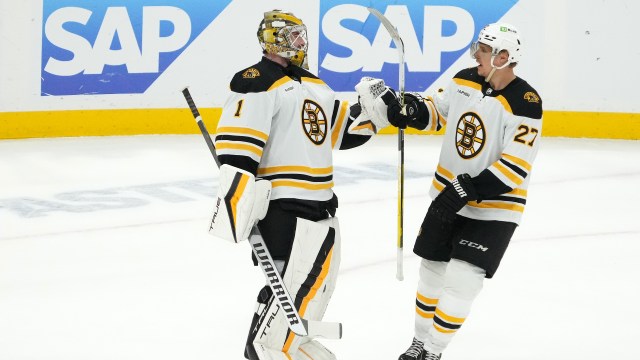Boston Bruins goalie Jeremy Swayman, defenseman Hampus Lindholm