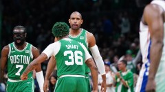 Boston Celtics guards Jaylen Brown and Marcus Smart and center Al Horford